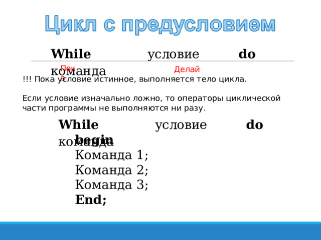 While   условие    do  команда    While   условие    do  команда      Пока Делай !!! Пока условие истинное, выполняется тело цикла. Если условие изначально ложно, то операторы циклической части программы не выполняются ни разу. While   условие    do  команда    While   условие    do  команда      begin  Команда 1 ; Команда 2 ; Команда 3 ; End; begin  Команда 1 ; Команда 2 ; Команда 3 ; End; 
