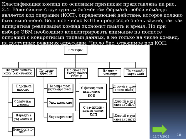Классификация команд по основным признакам представлена на рис. 2.4. Важнейшим структурным элементом формата любой команды является код операции (КОП), определяющей действие, которое должно быть выполнено. Большое число КОП в процессоре очень важно, так как аппаратная реализация команд экономит память и время. Но при выборе ЭВМ необходимо концентрировать внимание на полноте операций с конкретными типами данных, а не только на числе команд, на доступных режимах адресации. Число бит, отводимое под КОП, является функцией полного набора реализуемых команд.  12/07/2021 