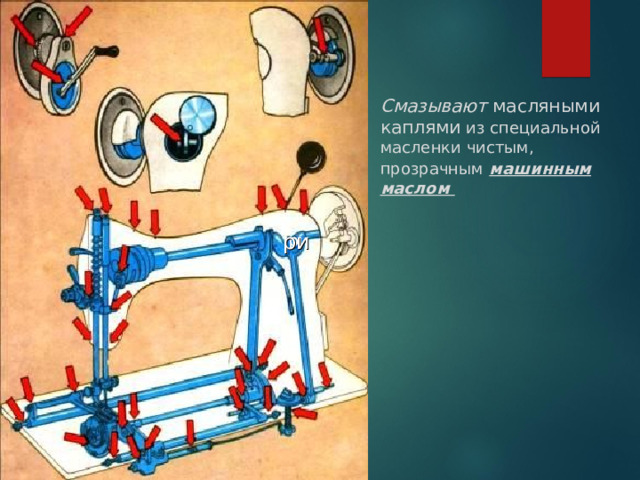 Смазывают масляными каплями из специальной масленки чистым, прозрачным  машинным маслом ри ри ри 