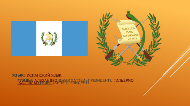 Язык:  испанский язык   Главы:  Алехандро Джамматтеи  (президент),  Гильермо   Кастильо Рейес  (вице-президент)   