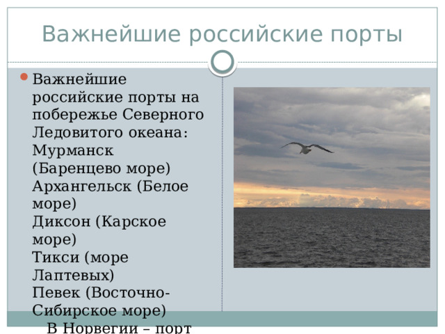 Важнейшие российские порты Важнейшие российские порты на побережье Северного Ледовитого океана:  Мурманск (Баренцево море)  Архангельск (Белое море)  Диксон (Карское море)  Тикси (море Лаптевых)  Певек (Восточно-Сибирское море)  В Норвегии – порт Нарвик  В Канаде – порт Черчилл 