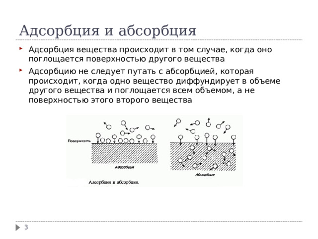Адсорбция и абсорбция Адсорбция вещества происходит в том случае, когда оно поглощается поверхностью другого вещества Адсорбцию не следует путать с абсорбцией, которая происходит, когда одно вещество диффундирует в объеме другого вещества и поглощается всем объемом, а не поверхностью этого второго вещества   