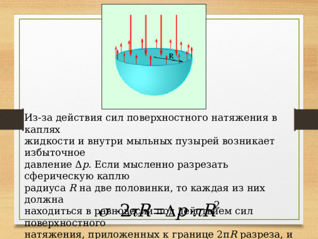 Из-за действия сил поверхностного натяжения в каплях жидкости и внутри мыльных пузырей возникает избыточное давление Δ p . Если мысленно разрезать сферическую каплю радиуса R на две половинки, то каждая из них должна находиться в равновесии под действием сил поверхностного натяжения, приложенных к границе 2π R разреза, и сил избыточного давления, действующих на площадь π R 2 сечения. Условие равновесия записывается в виде: 
