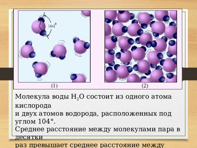 Молекула воды H 2 O состоит из одного атома кислорода и двух атомов водорода, расположенных под углом 104°. Среднее расстояние между молекулами пара в десятки раз превышает среднее расстояние между молекулами воды.  Молекулы воды увеличены примерно в 5·10 7  раз. 