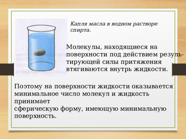 Капля масла в водном растворе спирта. Молекулы, находящиеся на поверхности под действием резуль- тирующей силы притяжения втягиваются внутрь жидкости. Поэтому на поверхности жидкости оказывается минимальное число молекул и жидкость принимает сферическую форму, имеющую минимальную поверхность. 