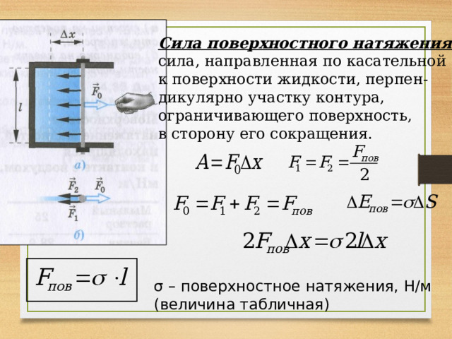 Сила поверхностного натяжения – сила, направленная по касательной к поверхности жидкости, перпен- дикулярно участку контура, ограничивающего поверхность, в сторону его сокращения. σ – поверхностное натяжения, Н / м (величина табличная) 