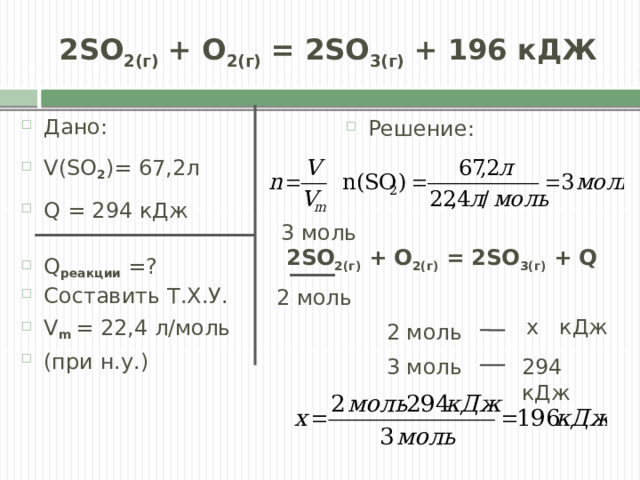  2SO 2(г)  + O 2(г)  = 2SO 3(г)  + 196 кДЖ   Дано: V(SO 2 )= 67,2л Q = 294 кДж Q реакции =? Составить Т.Х.У. V m = 22,4 л/моль (при н.у.) Решение: 3 моль 2SO 2(г)  + O 2(г)  = 2SO 3(г)  + Q 2 моль х кДж 2 моль 294 кДж 3 моль 