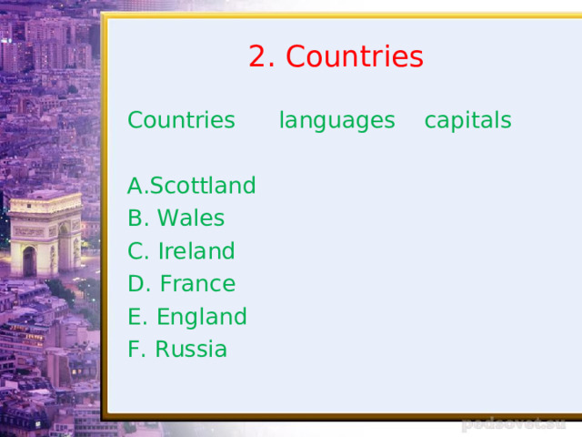 2. Countries Countries languages capitals Scottland B. Wales C. Ireland D. France E. England F. Russia 