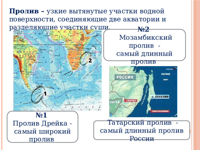 Пролив – узкие вытянутые участки водной поверхности, соединяющие две акватории и разделяющие участки суши. № 2  Мозамбикский пролив - самый длинный пролив № 1 Пролив Дрейка - самый широкий пролив  Татарский пролив - самый длинный пролив России 
