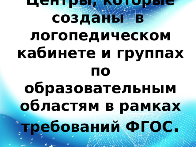 Центры, которые созданы в логопедическом кабинете и группах по образовательным областям в рамках требований ФГОС . 