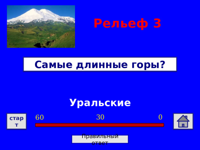 Рельеф  3 Самые длинные горы? Уральские 0 30 60 старт Правильный ответ 
