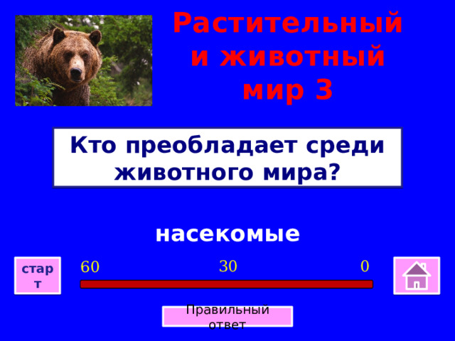 Растительный и животный мир 3 Кто преобладает среди животного мира? насекомые 0 30 60 старт Правильный ответ 
