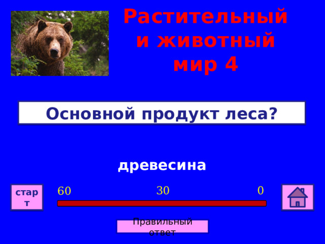 Растительный и животный мир 4 Основной продукт леса? древесина 0 30 60 старт Правильный ответ 