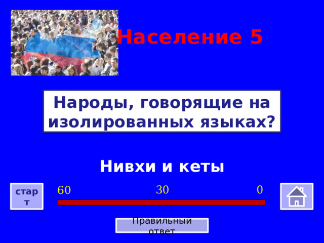 Население  5 Народы, говорящие на изолированных языках? Нивхи и кеты 0 30 60 старт Правильный ответ 