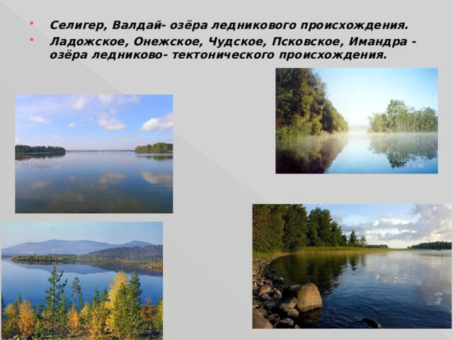 Селигер, Валдай- озёра ледникового происхождения. Ладожское, Онежское, Чудское, Псковское, Имандра - озёра ледниково- тектонического происхождения. 