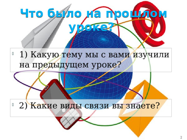Что было на прошлом уроке? 1) Какую тему мы с вами изучили на предыдущем уроке? 2) Какие виды связи вы знаете?  