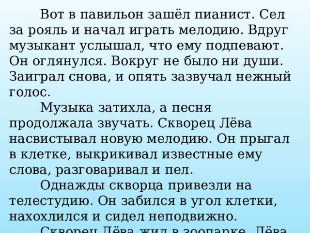  Вот в павильон зашёл пианист. Сел за рояль и начал играть мелодию. Вдруг музыкант услышал, что ему подпевают. Он оглянулся. Вокруг не было ни души. Заиграл снова, и опять зазвучал нежный голос.  Музыка затихла, а песня продолжала звучать. Скворец Лёва насвистывал новую мелодию. Он прыгал в клетке, выкрикивал известные ему слова, разговаривал и пел.  Однажды скворца привезли на телестудию. Он забился в угол клетки, нахохлился и сидел неподвижно.  Скворец Лёва жил в зоопарке. Лёва умел говорить и насвистывать знакомые песни. 