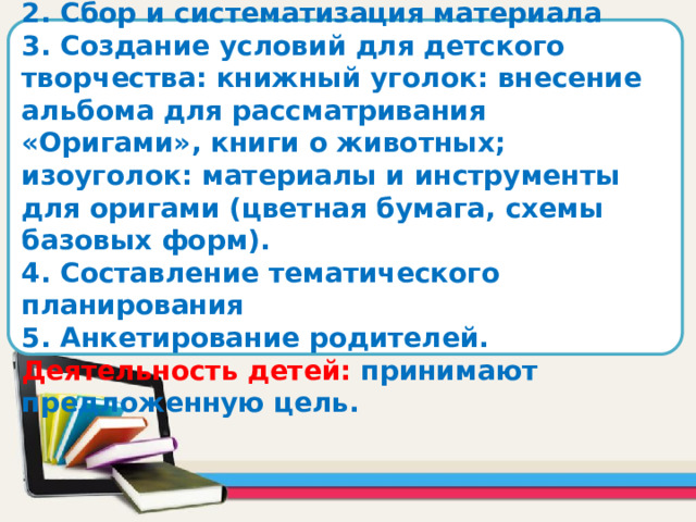     Деятельность взрослого: 1. Опрос детей 2. Сбор и систематизация материала 3. Создание условий для детского творчества: книжный уголок: внесение альбома для рассматривания «Оригами», книги о животных; изоуголок: материалы и инструменты для оригами (цветная бумага, схемы базовых форм). 4. Составление тематического планирования 5. Анкетирование родителей. Деятельность детей: принимают предложенную цель.      