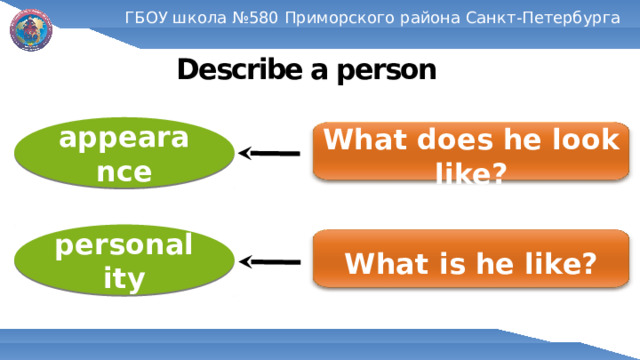 ГБОУ школа №580 Приморского района Санкт-Петербурга Describe a person appearance What does he look like? personality What is he like? 