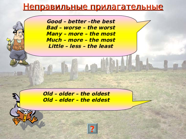 Неправильные прилагательные Good – better –the best Bad – worse – the worst Many – more – the most Much – more – the most Little – less – the least Old – older – the oldest Old – elder – the eldest ? 