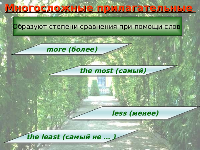 Многосложные прилагательные  Образуют степени сравнения при помощи слов more ( более ) the most ( самый ) less (менее) the least  ( самый не … ) 