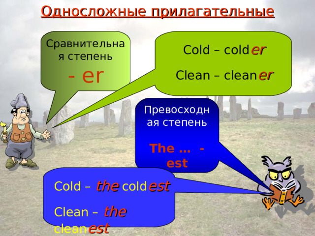 Односложные  прилагательные Сравнительная степень - er Превосходная степень The … - est Cold – cold er Clean – clean er Cold – the cold est Clean – the clean est 