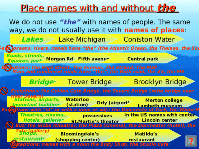 Place names with and without the We do not use “the” with names of people. The same way, we do not usually use it with names of places : Lakes  Lake Michigan  Coniston Water Seas, oceans, rivers, canals have “the” (the Atlantic Ocean, the Thames, the Suez) Roads, streets, Squares, parks  Morgan Rd,  Fifth avenue  Central park Exceptions: the High street, The Avenue, The Strand, The Mall Main and numbered roads have “the”: the Bath road, the A5, the M6 Bridges  Brooklyn Bridge  Tower Bridge Exceptions: the Golden Gate Bridge, the Severn Bridge (=the bridge over river Severn)  Merton college Lambeth museum  Orly (airport) Waterloo (station) Stations, airports, Important buildings Exceptions with “of” or with a noun or adj.: the University of York, the White House In the US names with center Lincoln center Theatres, cinemas, Hotels, galleries  possessives St.Martin’s theater But: the Globe (theatre), the Plaza (cinema), the Dorchester (hotel), the Tate (gallery)  Matilda’s restaurant  Bloomingdale’s (shopping center) Shops, restaurants ? Exceptions: names with a noun the Body Shop, the Studio Cafe 