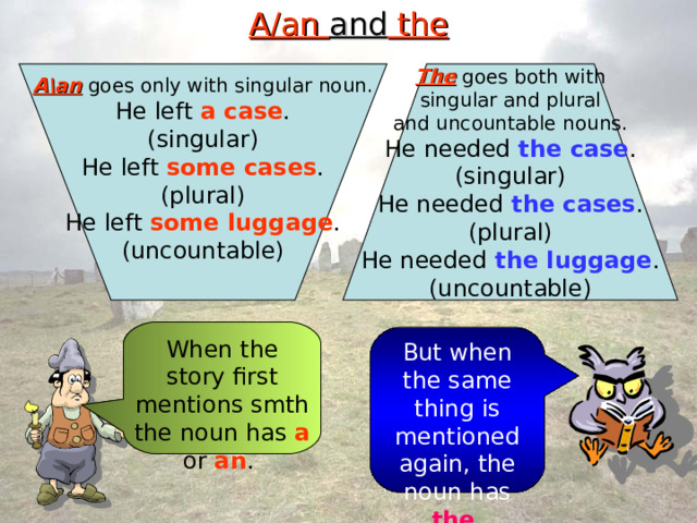 A/an and the The goes both with singular and plural and uncountable nouns. He needed the case . (singular) He needed the cases . (plural) He needed the luggage . (uncountable) When the story first mentions smth the noun has  a  or an . But when the same thing is mentioned again, the noun has the . A\an goes only with singular noun. He left a case . (singular) He left some cases . (plural) He left some luggage . (uncountable) 