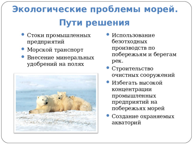 Экологические проблемы морей.  Пути решения  Стоки промышленных предприятий Морской транспорт Внесение минеральных удобрений на полях Использование безотходных производств по побережьям и берегам рек. Строительство очистных сооружений Избегать высокой концентрации промышленных предприятий на побережьях морей Создание охраняемых акваторий 