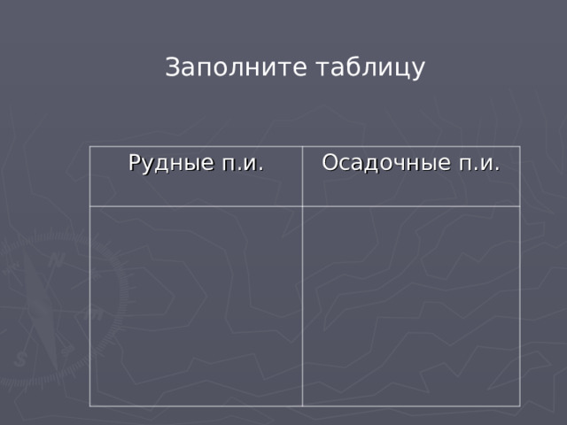 Заполните таблицу Рудные п.и. Осадочные п.и. 