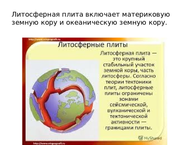 Литосферная плита включает материковую земную кору и океаническую земную кору. 