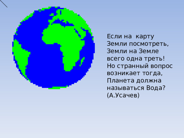 Если на карту Земли посмотреть, Земли на Земле всего одна треть! Но странный вопрос возникает тогда, Планета должна называться Вода? (А.Усачев) 