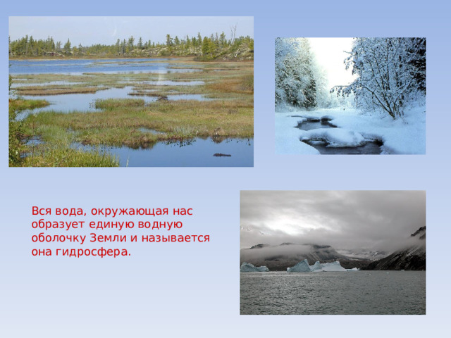 Вся вода, окружающая нас образует единую водную оболочку Земли и называется она гидросфера. 