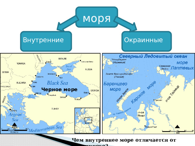 моря Внутренние Окраинные Черное море Чем внутреннее море отличается от окраинного? 