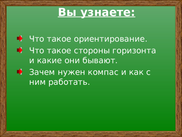  Вы узнаете: Что такое ориентирование. Что такое стороны горизонта и какие они бывают. Зачем нужен компас и как с ним работать. 
