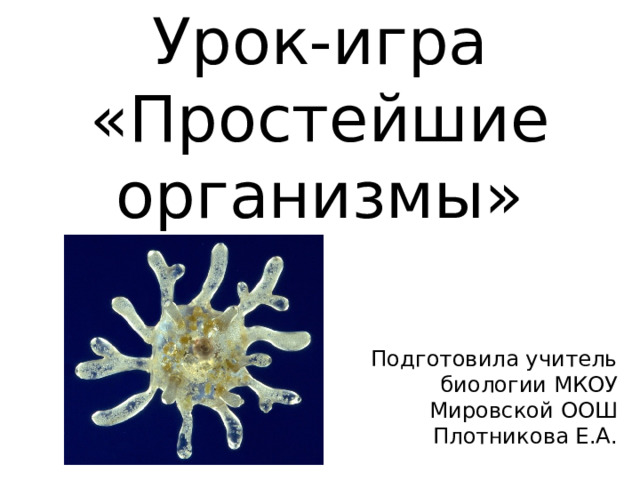 Урок-игра «Простейшие организмы» Подготовила учитель биологии МКОУ Мировской ООШ Плотникова Е.А. 