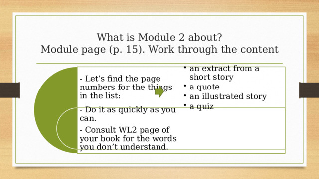 What is Module 2 about?  Module page (p. 15). Work through the content - Let’s find the page numbers for the things in the list: an extract from a short story a quote an illustrated story a quiz an extract from a short story a quote an illustrated story a quiz - Do it as quickly as you can. - Consult WL2 page of your book for the words you don’t understand. 4 