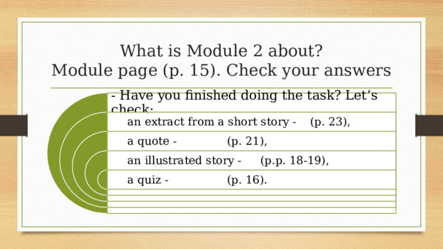 What is Module 2 about?  Module page (p. 15). Check your answers - Have you finished doing the task? Let’s check:  an extract from a short story -  (p. 23),  a quote -     (p. 21),  an illustrated story -   (p.p. 18-19),  a quiz -     (p. 16). 5 