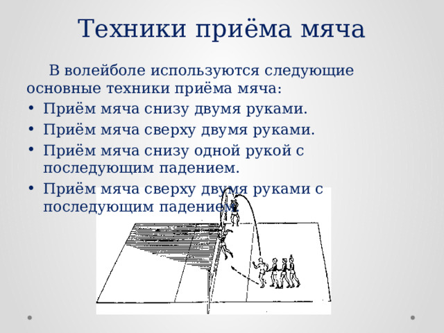 Техники приёма мяча  В волейболе используются следующие основные техники приёма мяча: Приём мяча снизу двумя руками. Приём мяча сверху двумя руками. Приём мяча снизу одной рукой с последующим падением. Приём мяча сверху двумя руками с последующим падением. 