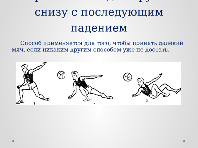 Приём мяча одной рукой снизу с последующим падением  Способ применяется для того, чтобы принять далёкий мяч, если никаким другим способом уже не достать. 