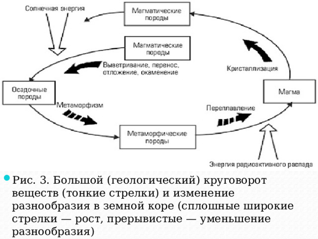 Рис. 3. Большой (геологический) круговорот веществ (тонкие стрелки) и изменение разнообразия в земной коре (сплошные широкие стрелки — рост, прерывистые — уменьшение разнообразия) 