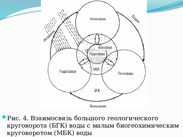 Рис. 4. Взаимосвязь большого геологического круговорота (БГК) воды с малым биогеохимическим круговоротом (МБК) воды 