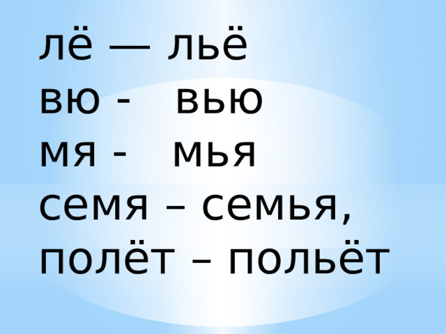 лё — льё   вю -  вью  мя -  мья  семя – семья, полёт – польёт 