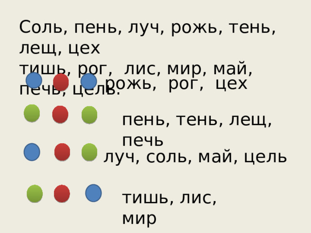 Соль, пень, луч, рожь, тень, лещ, цех тишь, рог, лис, мир, май, печь, цель. рожь, рог, цех пень, тень, лещ, печь луч, соль, май, цель тишь, лис, мир 