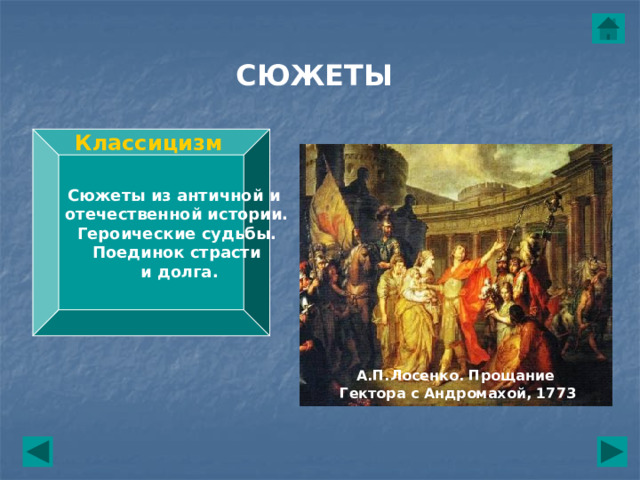 СЮЖЕТЫ Сюжеты из античной и Классицизм отечественной истории. Героические судьбы. Поединок страсти  и долга. А.П.Лосенко. Прощание Гектора с Андромахой, 1773 