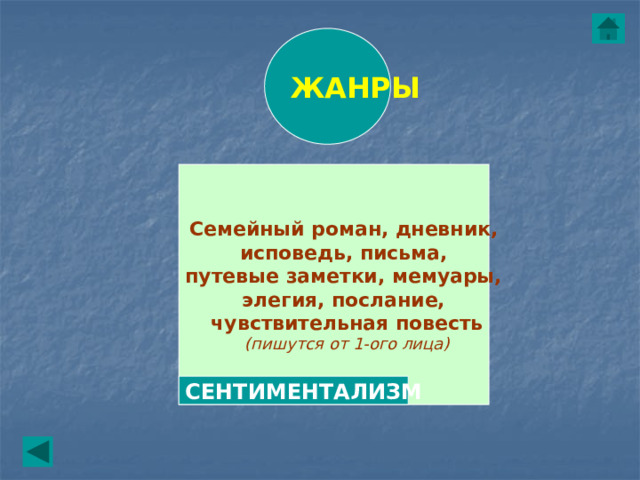 ЖАНРЫ Семейный роман, дневник, исповедь, письма, путевые заметки, мемуары, элегия, послание, чувствительная повесть (пишутся от 1-ого лица) СЕНТИМЕНТАЛИЗМ 