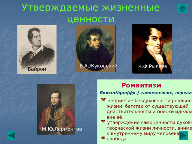 Утверждаемые жизненные ценности К.Ф.Рылеев В.А.Жуковский Байрон Романтизм Romantique(фр.)–таинственное, нереальное  неприятие бездуховности реальной  жизни; бегство от существующей  действительности и поиски идеала  вне её;  утверждение самоценности духовно-  творческой жизни личности, внимание  к внутреннему миру человека;  свобода М.Ю.Лермонтов 