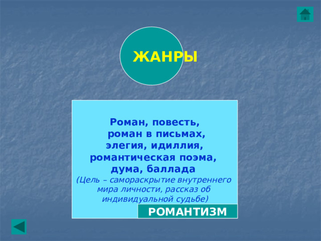 ЖАНРЫ Роман, повесть,  роман в письмах,  элегия, идиллия, романтическая поэма, дума, баллада (Цель – самораскрытие внутреннего мира личности, рассказ об индивидуальной судьбе) РОМАНТИЗМ 