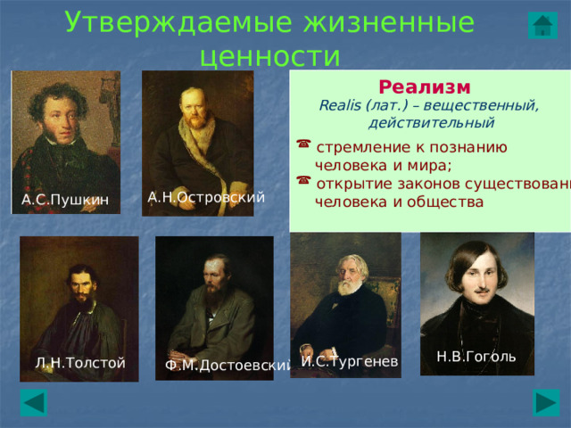 Утверждаемые жизненные ценности Реализм Realis (лат.) – вещественный, действительный  стремление к познанию  человека и мира;  открытие законов существования  человека и общества А.Н.Островский А.С.Пушкин Н.В.Гоголь И.С.Тургенев Л.Н.Толстой Ф.М.Достоевский 