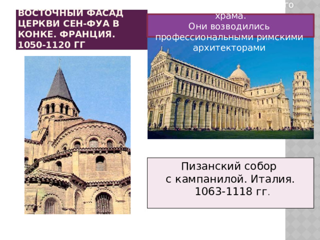 Восточный фасад церкви Сен-Фуа в Конке. Франция. 1050-1120 гг Редкие примеры изящного храма. Они возводились профессиональными римскими архитекторами Пизанский собор с кампанилой. Италия.  1063-1118 гг . 